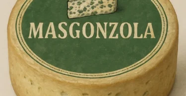 A wedge of Masgonzola cheese highlighting its blue veins and creamy texture.