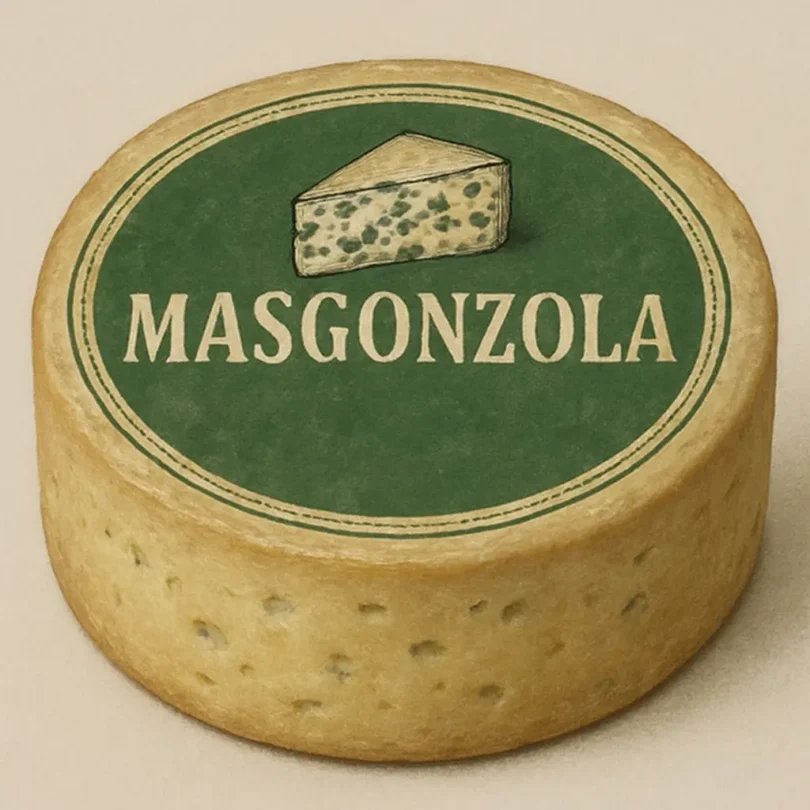 A wedge of Masgonzola cheese highlighting its blue veins and creamy texture.