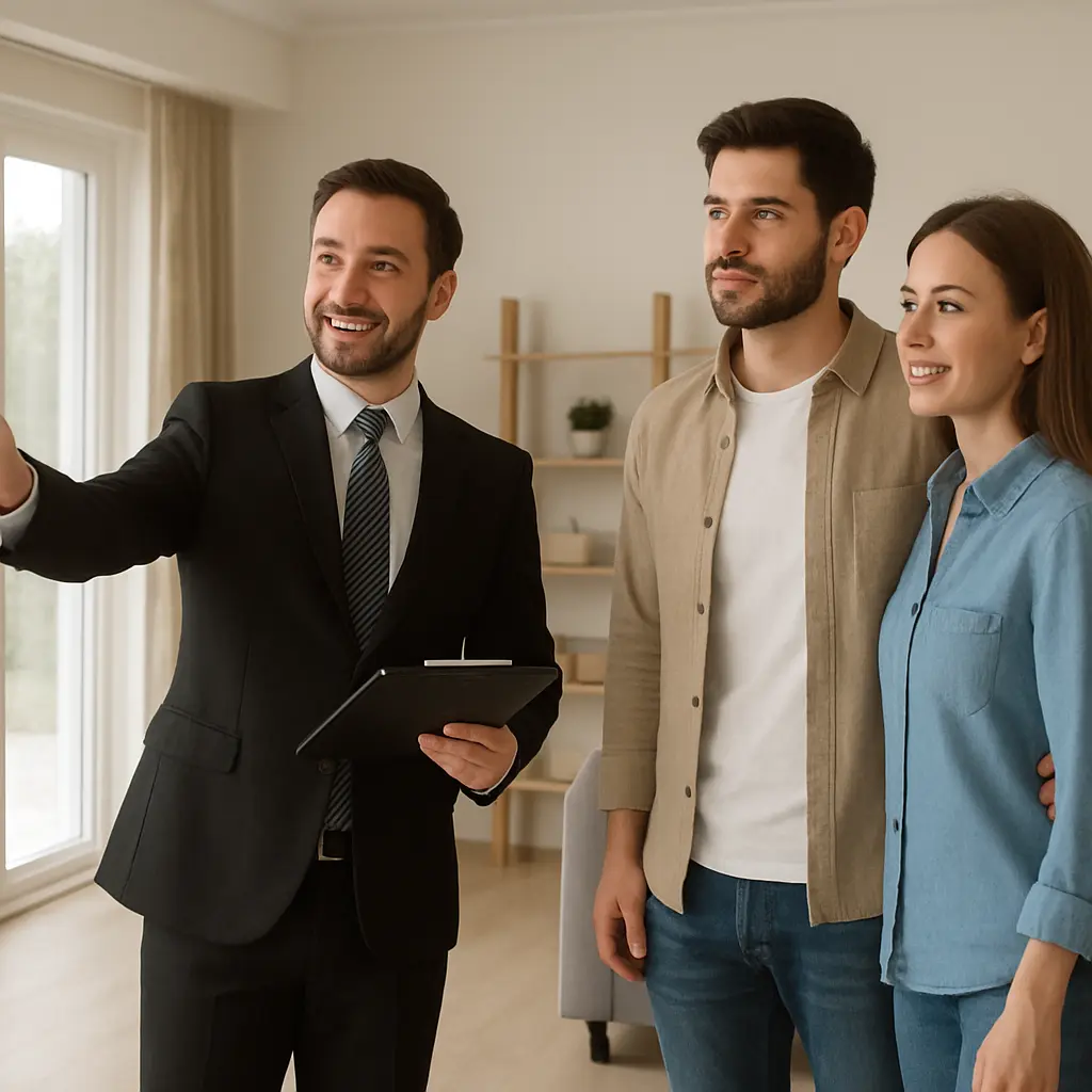 Real estate agent from Pigeimmo showing a French villa to potential buyers